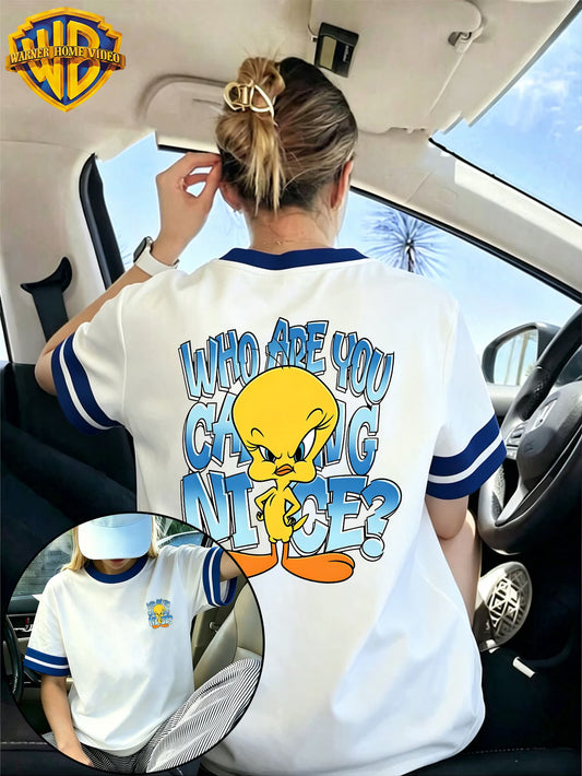 Summer Top with Bubble Letter Yellow Bird Cartoon Front & Back Prints