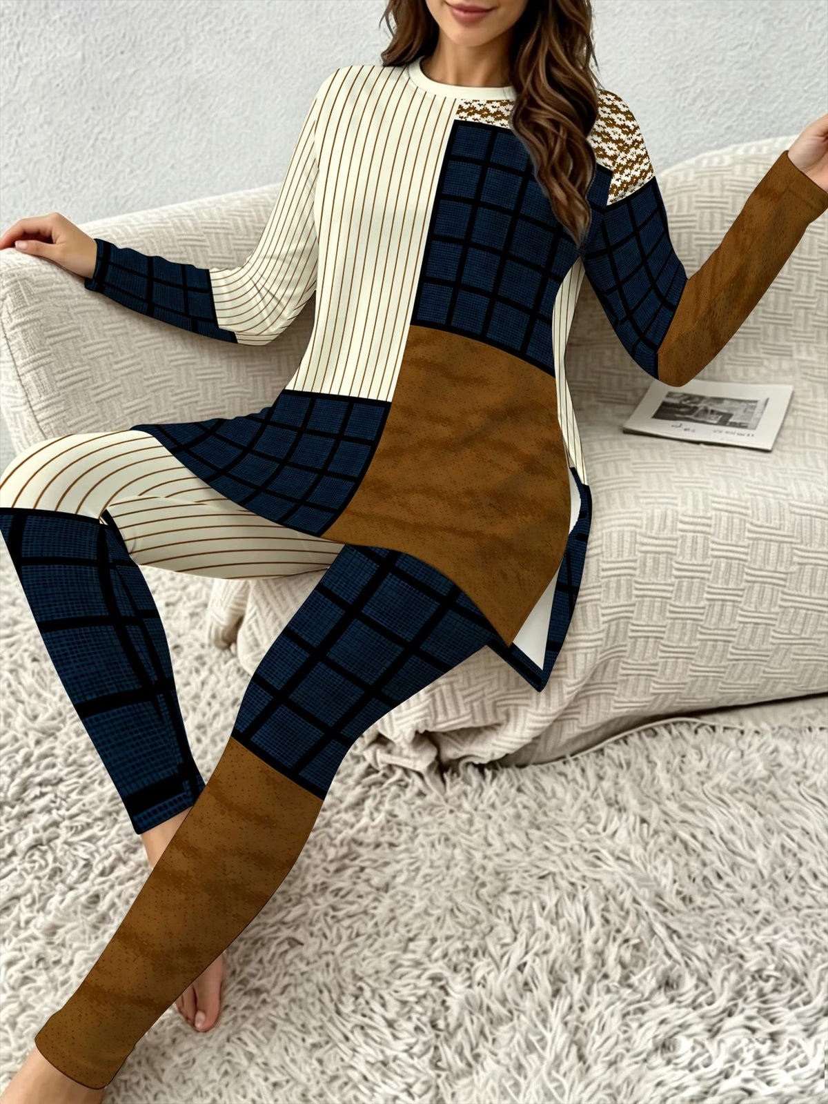 Women's Patchwork Check & Stripe Trouser Set