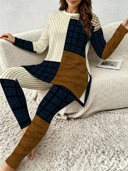 Women's Patchwork Check & Stripe Trouser Set