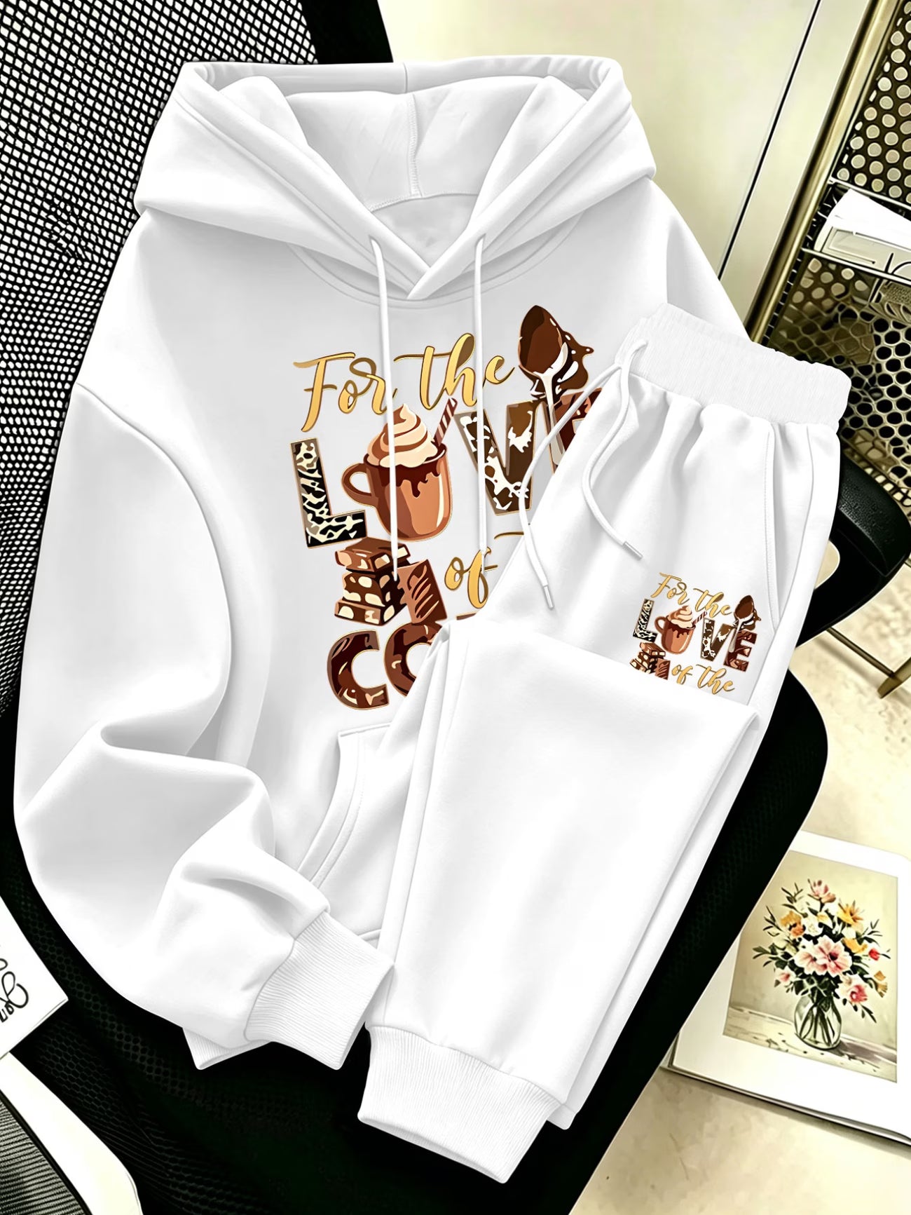 Plus Size Coffee & Dessert Print Hoodie & Pants Set — Vibrant Cute Design