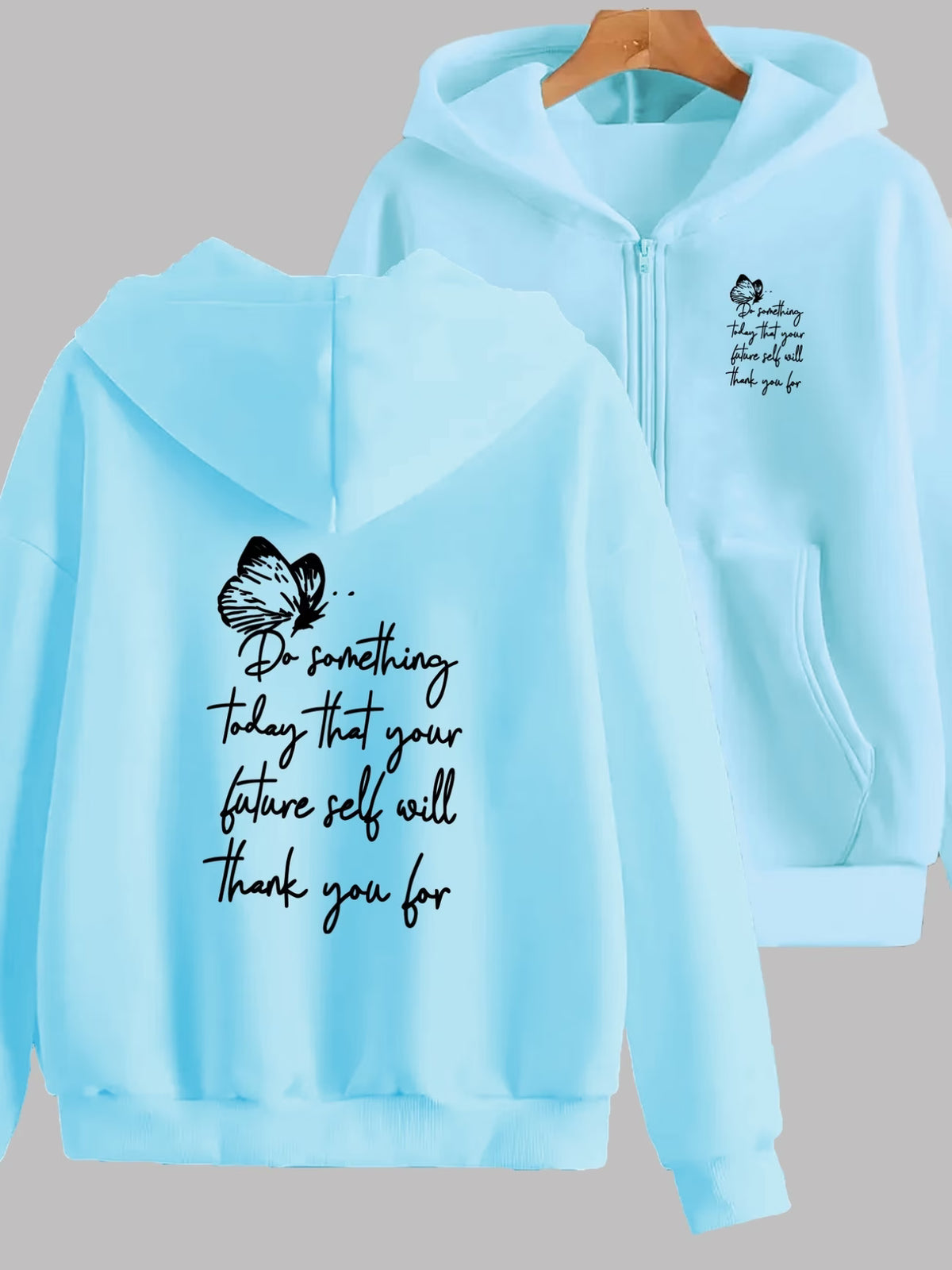 Butterfly & Inspirational Text 2-Pattern Print Y2K Zip-Up Hoodie