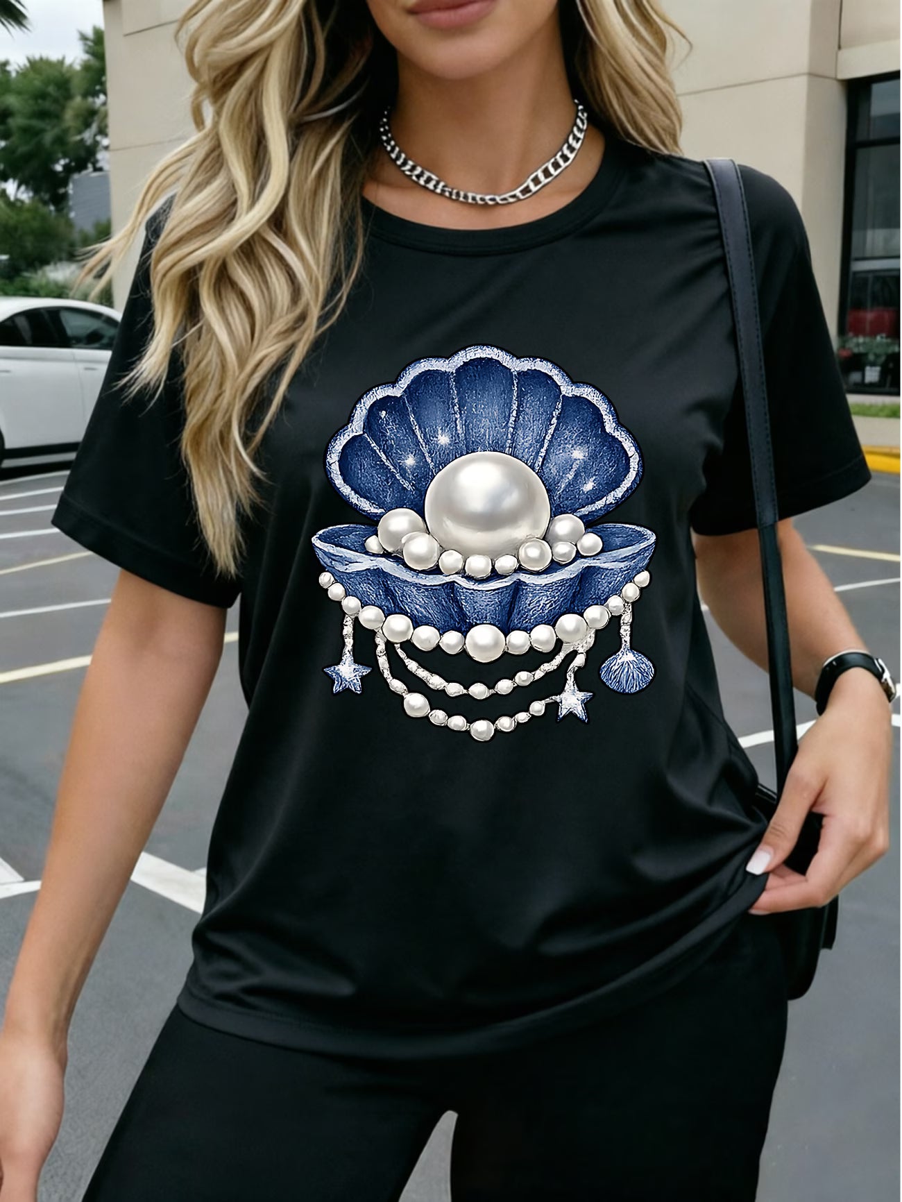 Pearl Denim Bow Heart T-Shirt Denim Fabric