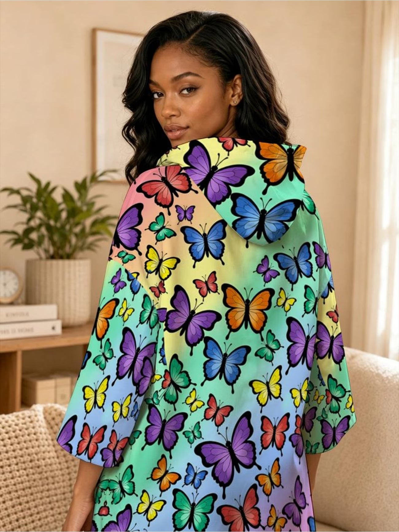 Women's Butterfly Fleece-Lined Short-Sleeve Hooded Sweatshirt