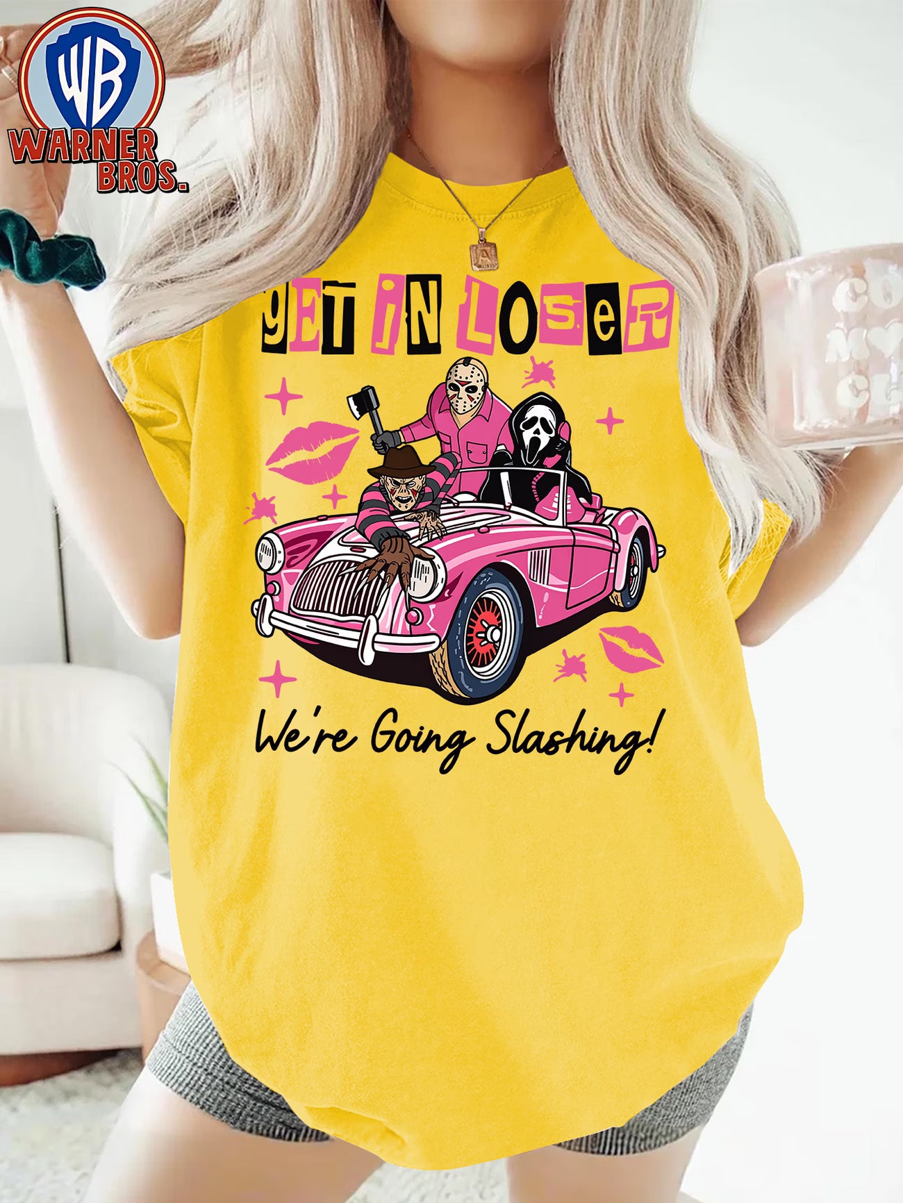 Women's Retro Cartoon Horror Character Pink Car Print T-Shirt