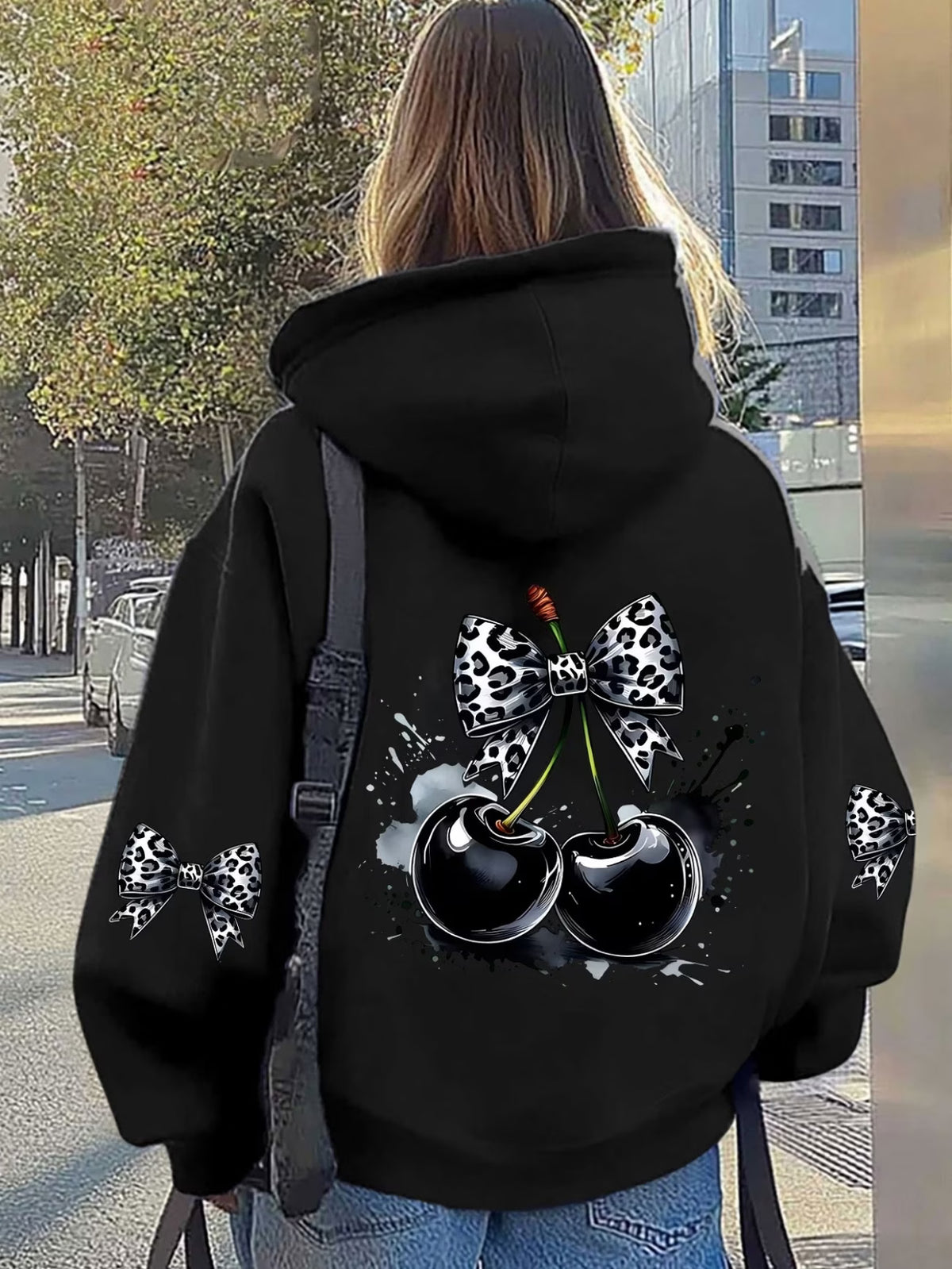 Ladies Leopard Bow & Cherry Zip-Up Hoodie