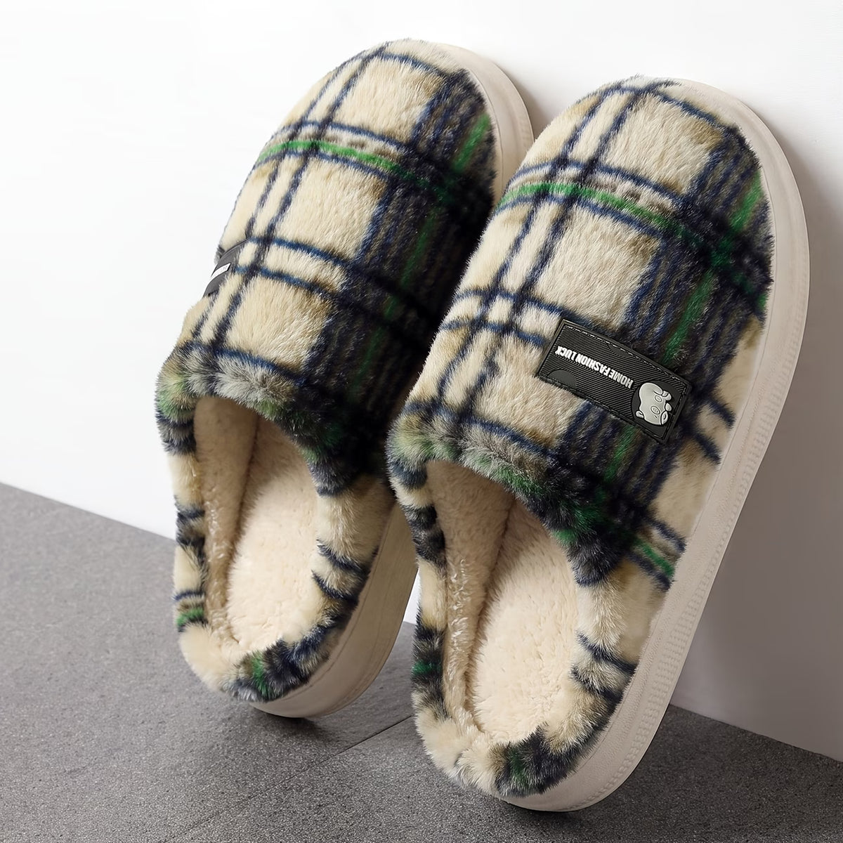 Men's Plaid Letter Home Slippers – Soft Sole Warm Winter Slippers