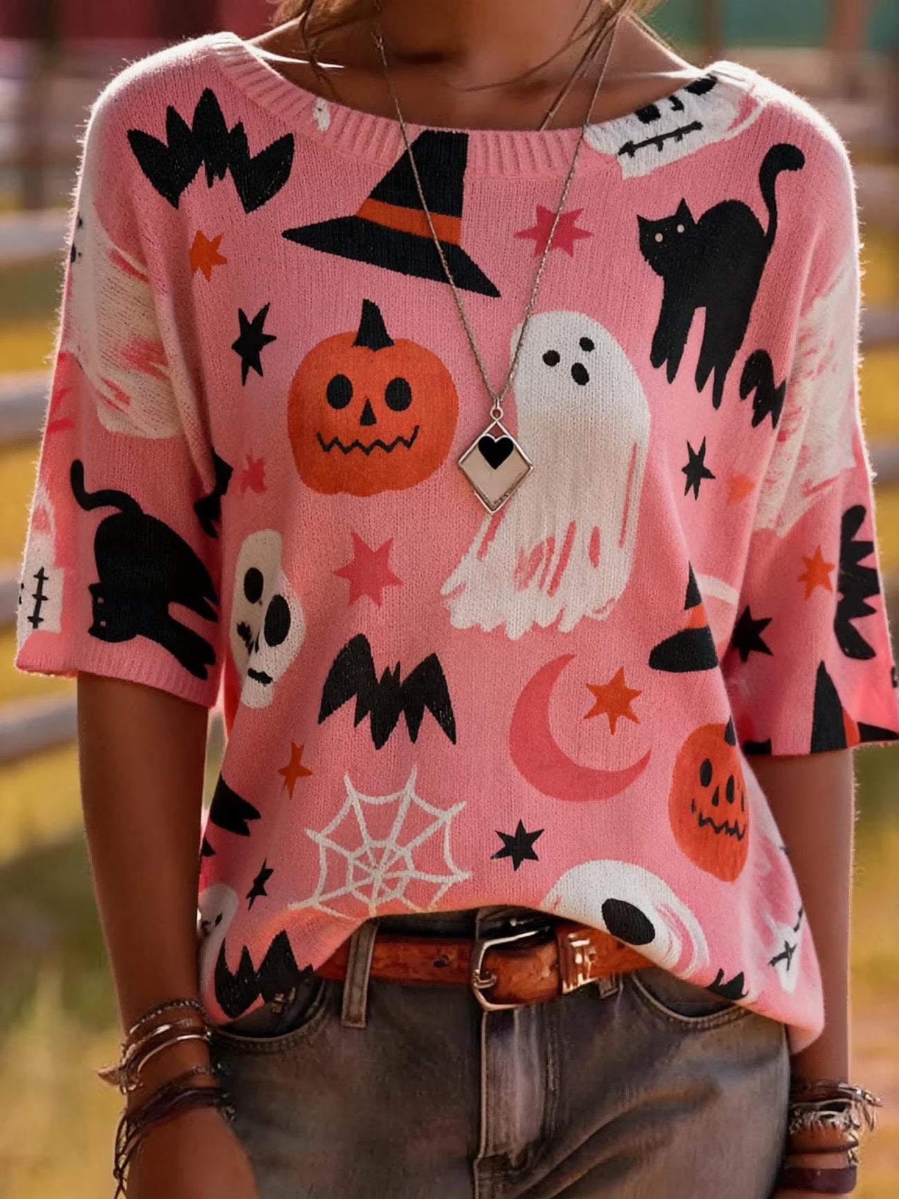 Halloween Print Crew Neck Loose Casual Top