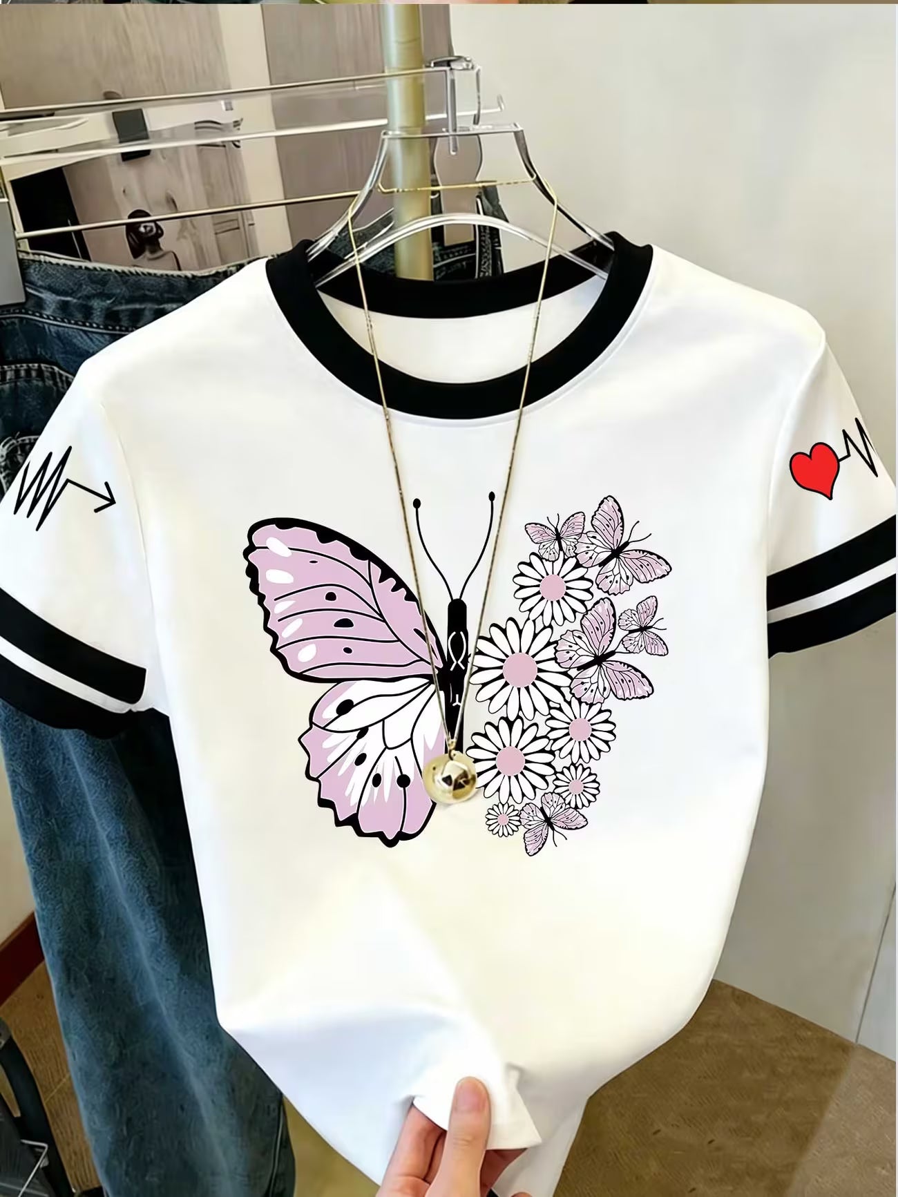 Soft Pink Butterfly & Daisy Print Short-Sleeve Blouse