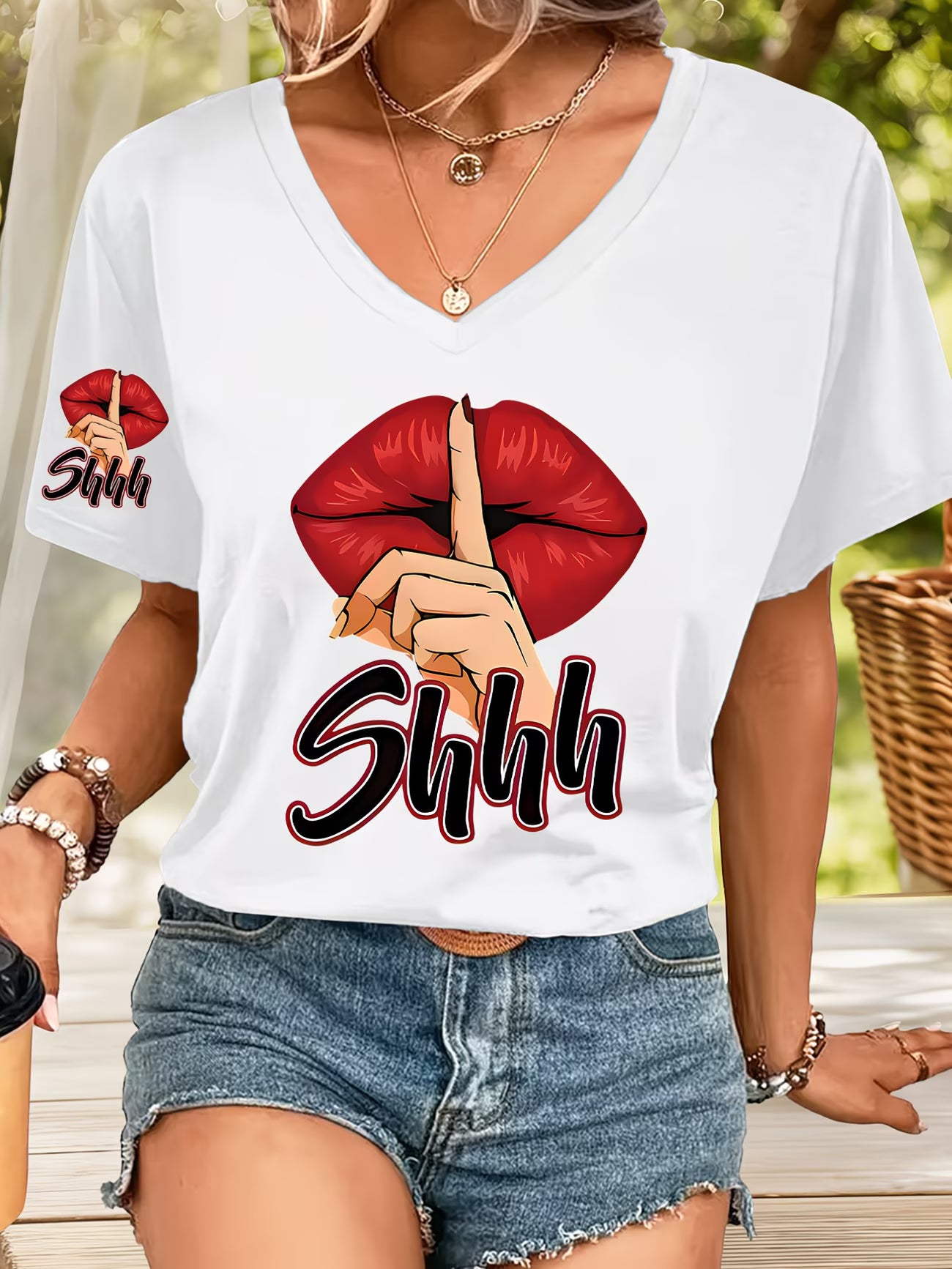 Sexy Lips Print V-Neck Top Featuring a Bold Red Lips Design on the Front