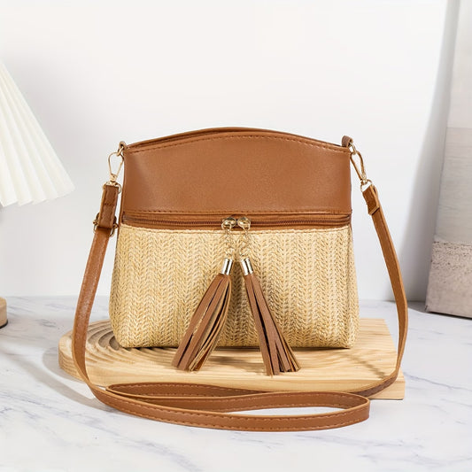 Women's Bohemian Woven Straw Crossbody Bag – Double Tassel Strap