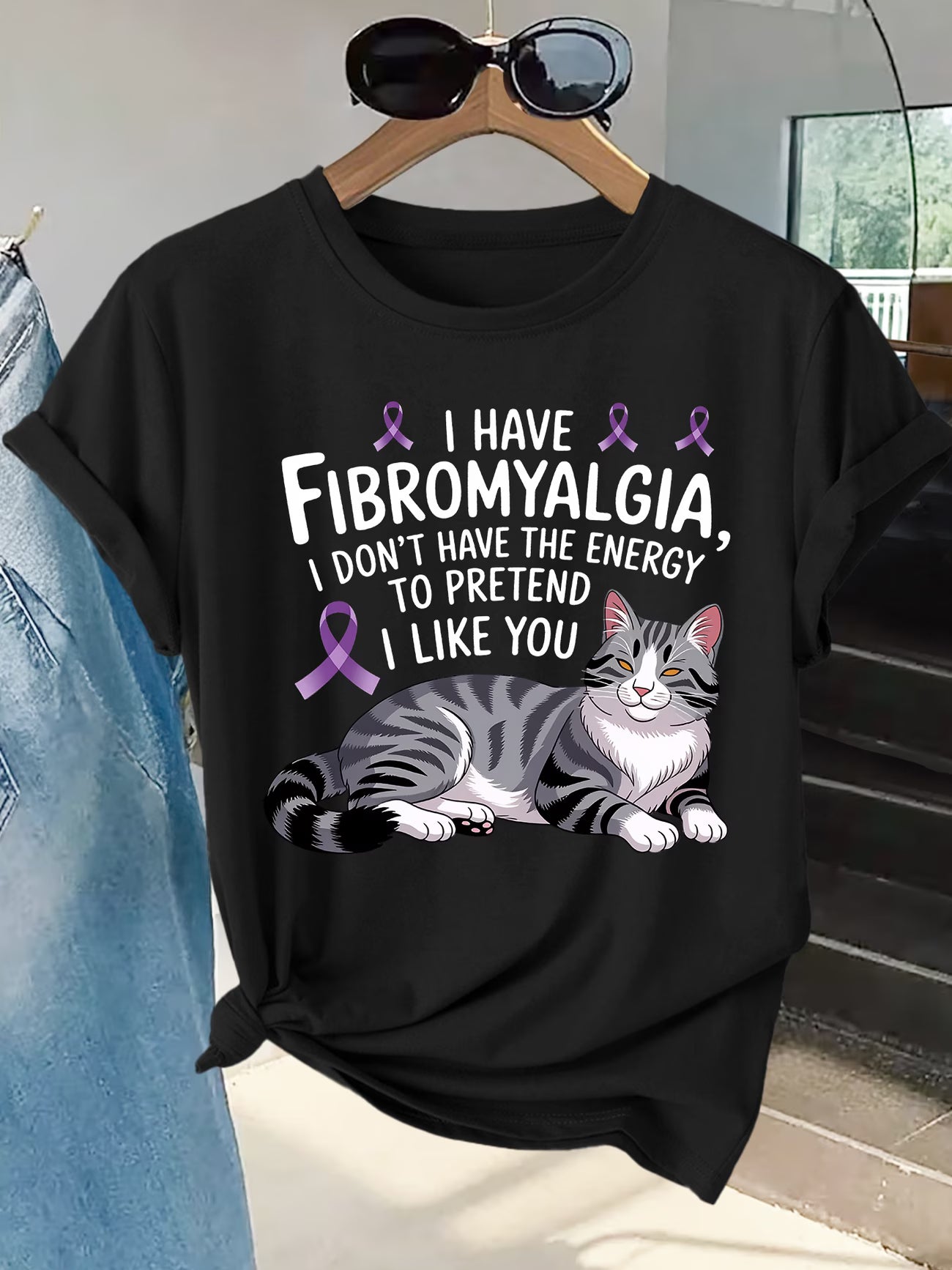 Plus Size Women's Fibromyalgia Awareness T-Shirt – Cat & Ribbon Print Slogan Top