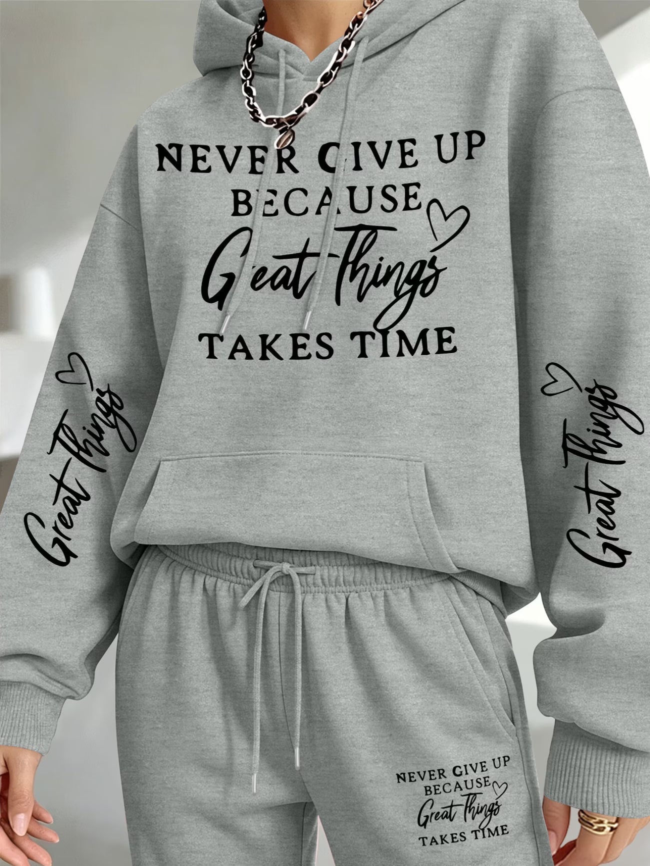 Perseverance & Patience Inspirational Print Hooded Sweatshirt & Sweatpants Set