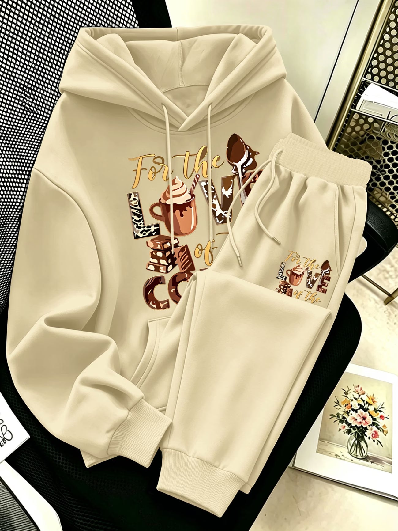 Plus Size Coffee & Dessert Print Hoodie & Pants Set — Vibrant Cute Design