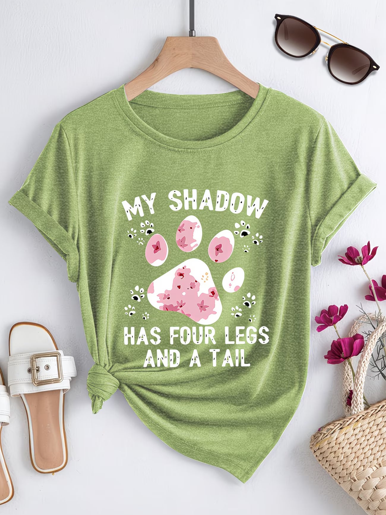 Women's Plus Size Pet Paw Print T-Shirt — "My Shadow Has Four Legs & a Tail"