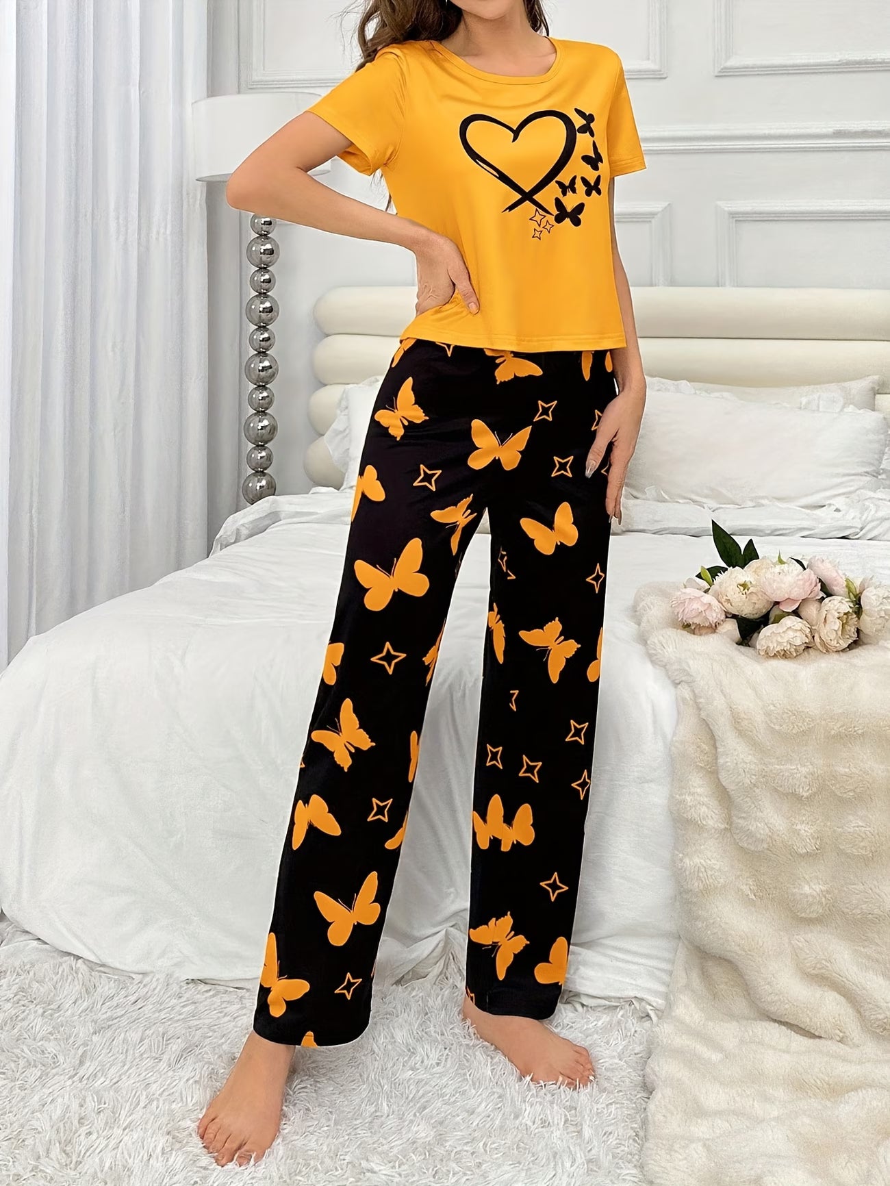 Love Butterfly Sleepwear Home Set | Short Sleeve Top & Elastic Waist Pants