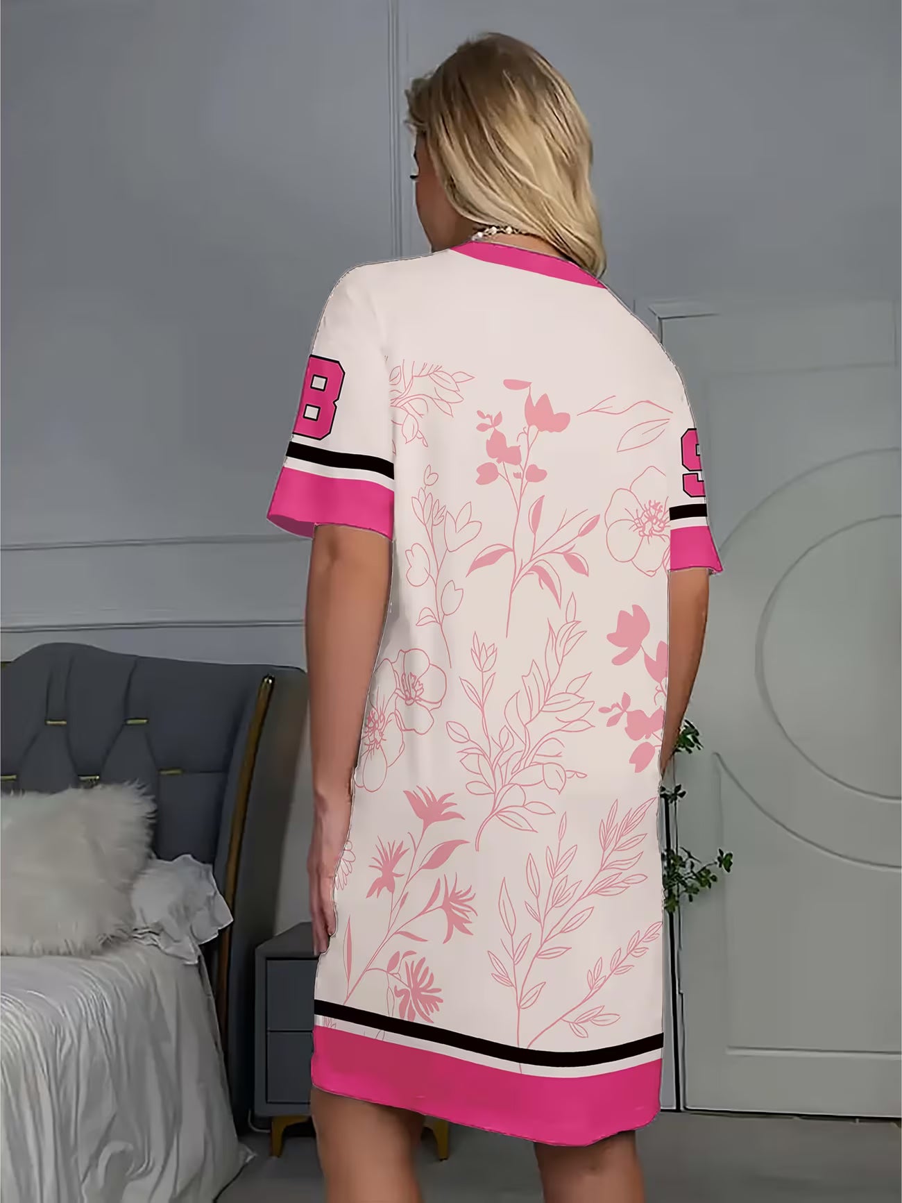 Women's Mid-Length Nightie – Digital Print Short Sleeve Sleep T-Shirt Dress