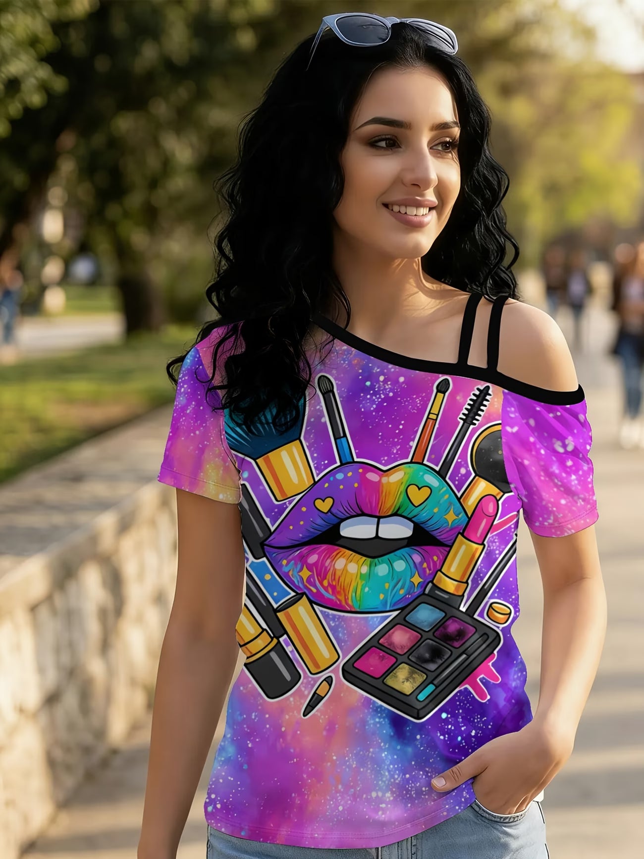 Rainbow Lips & MakeupWomen's One-shoulder Short-sleeve T-shirt with Unique Asymmetrical Design and Trendy Prints,