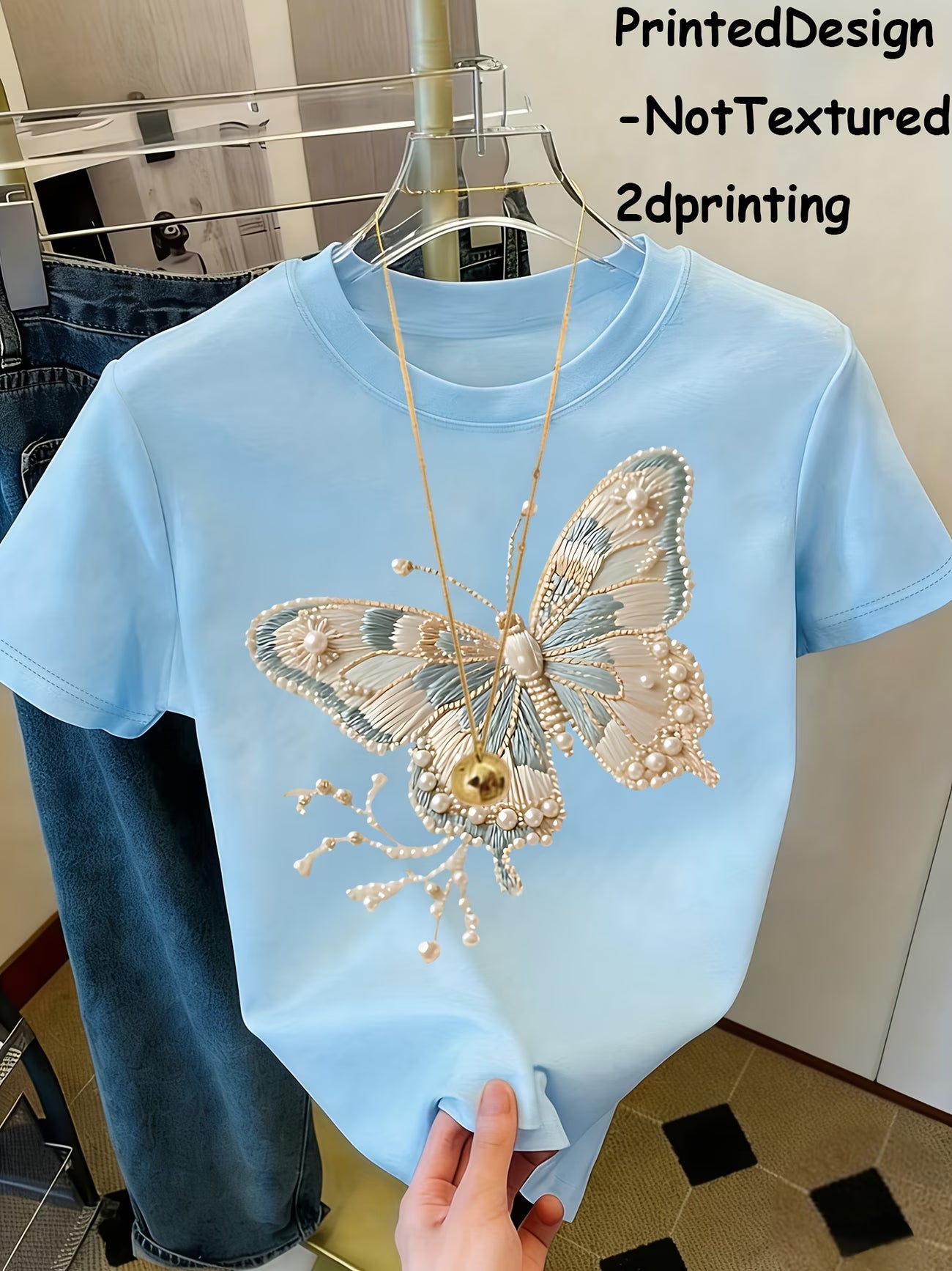 Butterfly & Pearl Embroidered-Print T-Shirt
