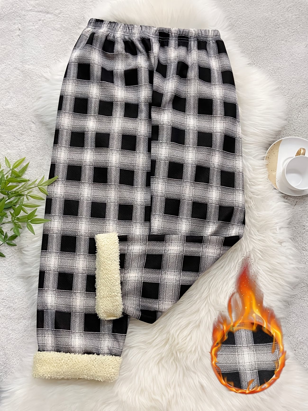 Women's Fleece-Lined Plaid Thermal Pants – Reversible Black & White Loungewear