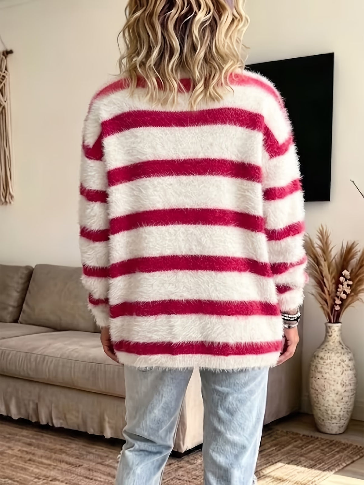 Women's Contrast Stripe Plush Cardigan with Metal Buttons