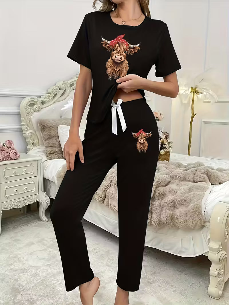 Highland Cow Print Short Sleeve Long Pants Pajama Set