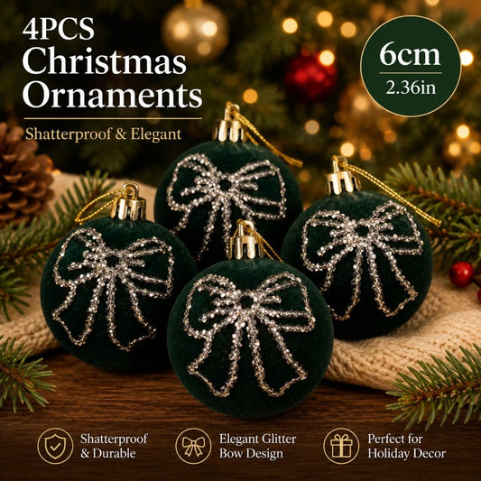 Dark Green Velvet Christmas Balls - 6cm, 4pcs with Rhinestone Bow