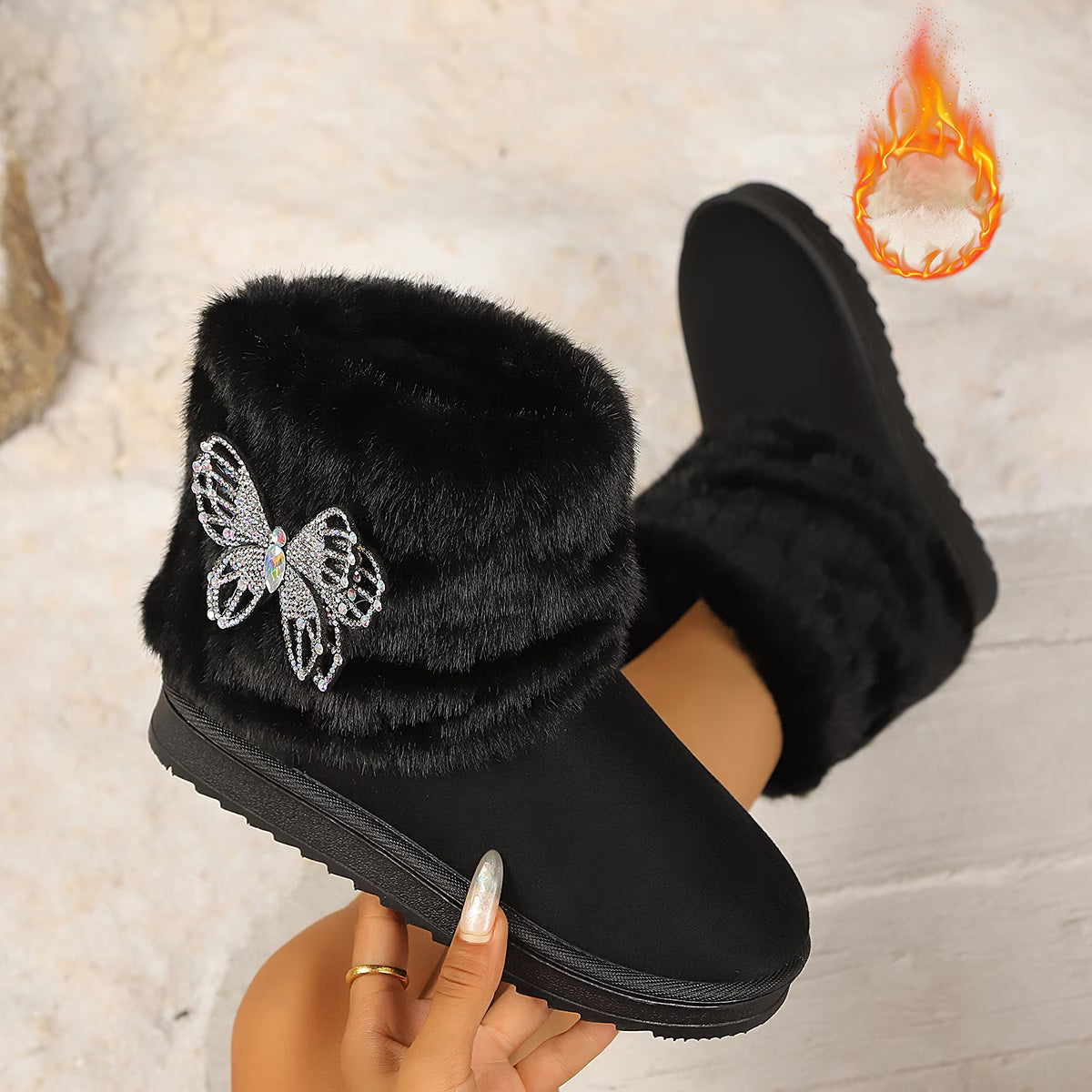 Women's Plush Rhinestone Butterfly Snow Boots
