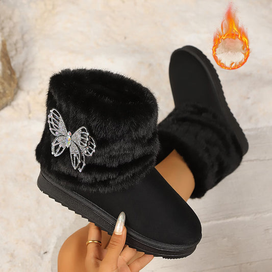 Women's Plush Rhinestone Butterfly Snow Boots