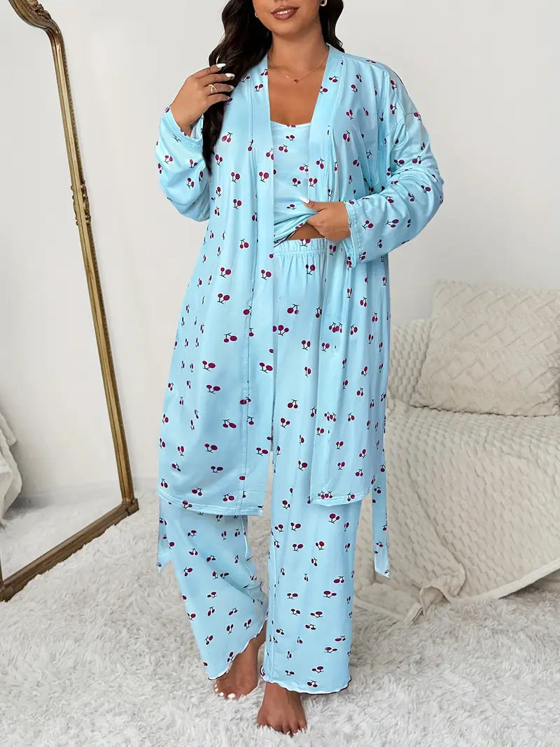 Plus Size Sweet Cherry Print Camisole Pants 3pc set