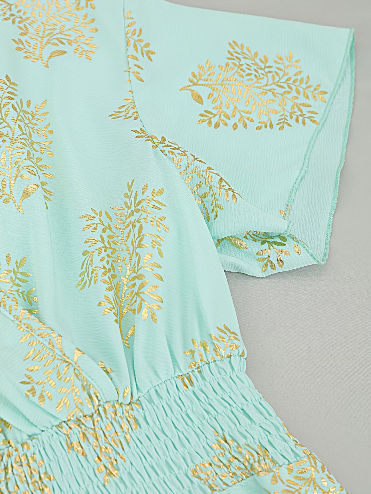 Women's Golden Floral Print Wrap Waist A-Line Dress – V-Neck