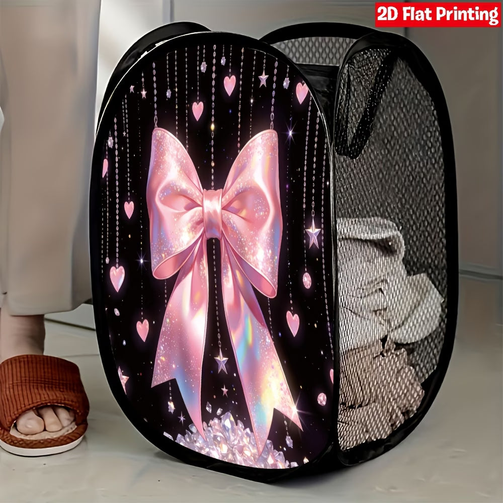 Pink Sparkle Bow Pop-Up Laundry Hamper – Collapsible Shiny Mesh Storage Basket