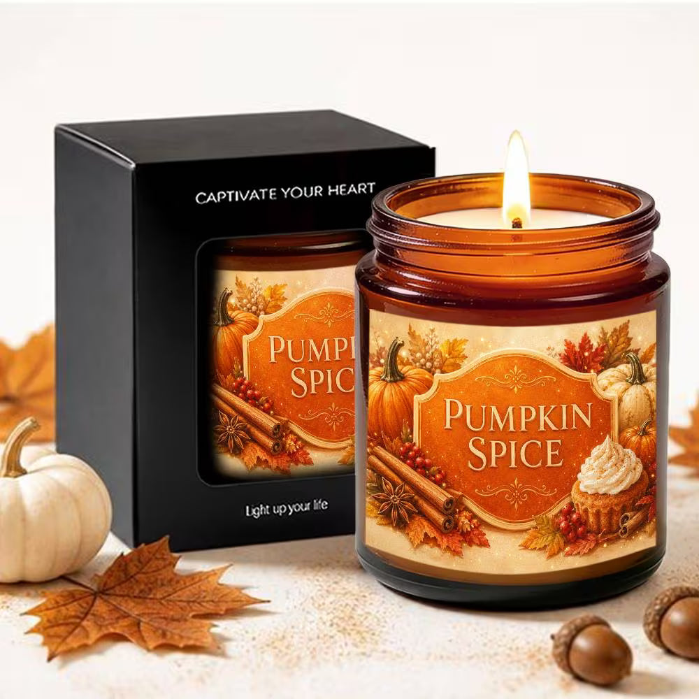 Pumpkin Spiced Scented Glass Jar Candle | Elegant Pumpkin Leaves Design