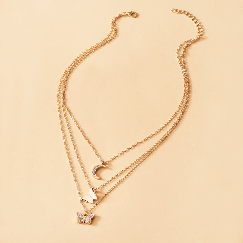Multi-layer Crystal Butterfly & Moon Pendant Necklace