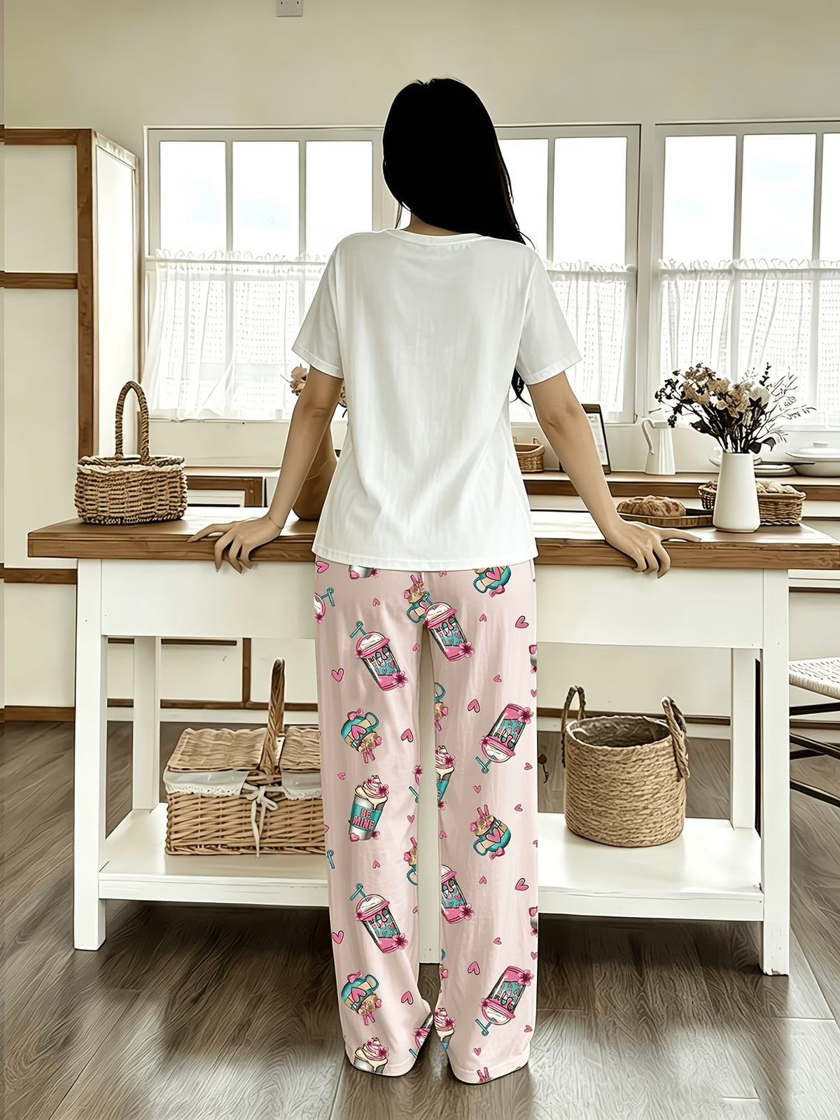 Milk Tea Print Short Sleeve Pajama Loungewear Set