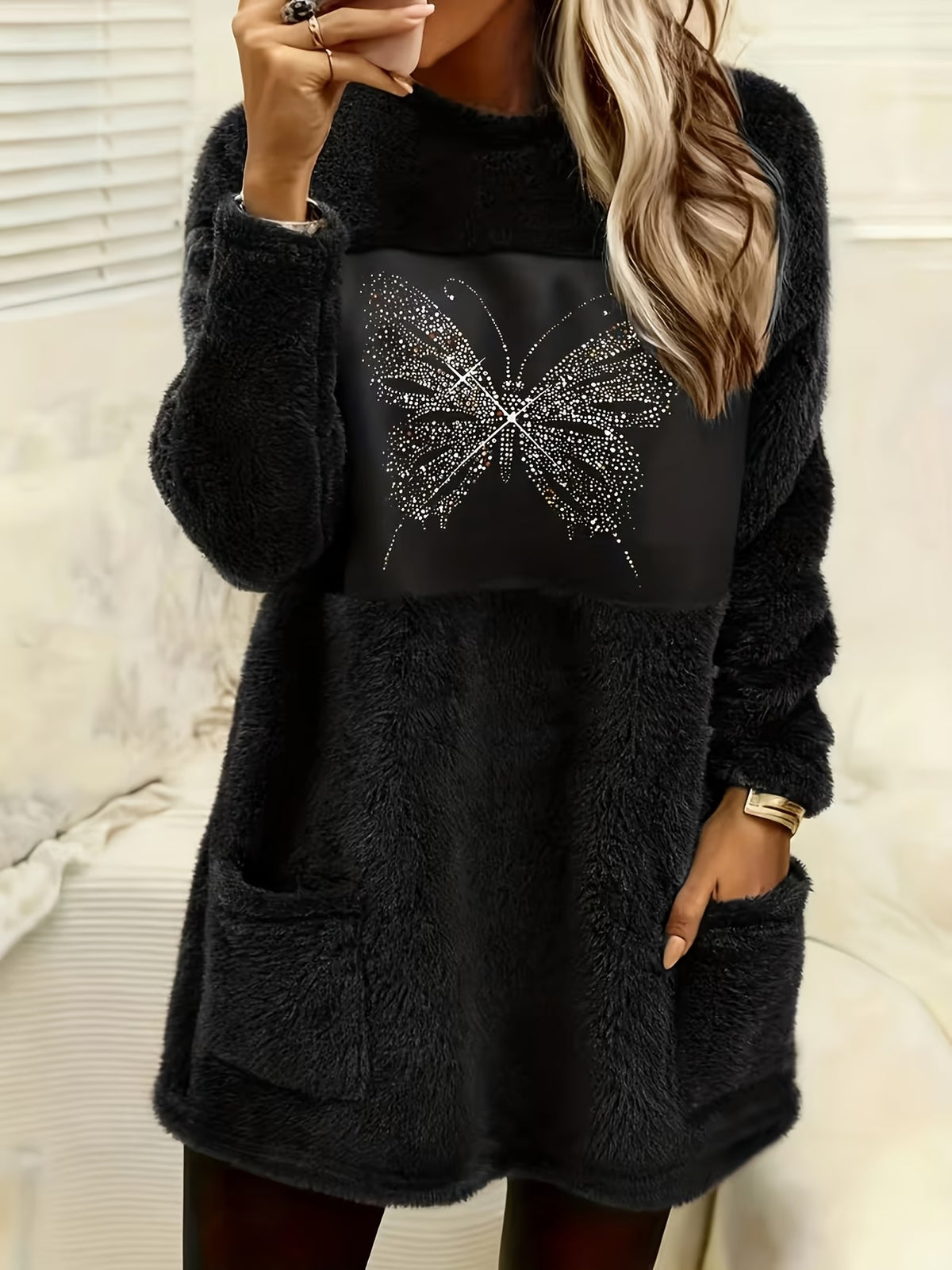 Women's Butterfly Print Plush Sweatshirt Dress