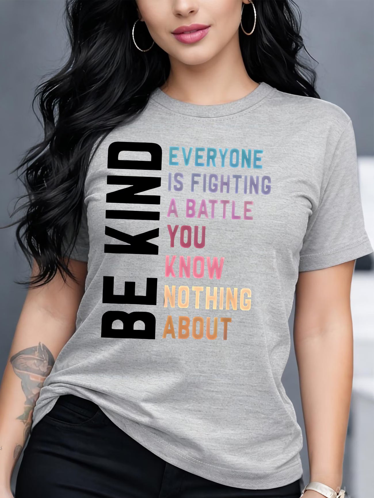 Women's "Be Kind" Letter Print T-Shirt — Crew Neck