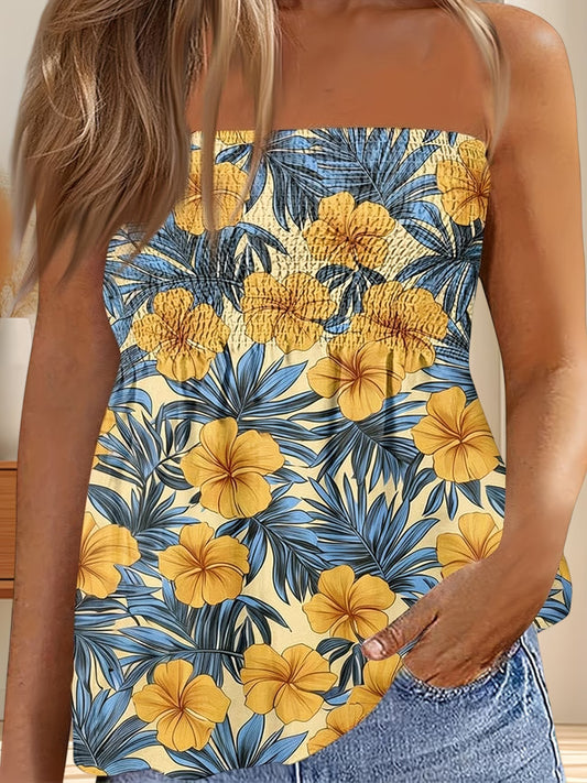 Floral Smocked Bandeau Top — Ruffle Sleeve & Hem