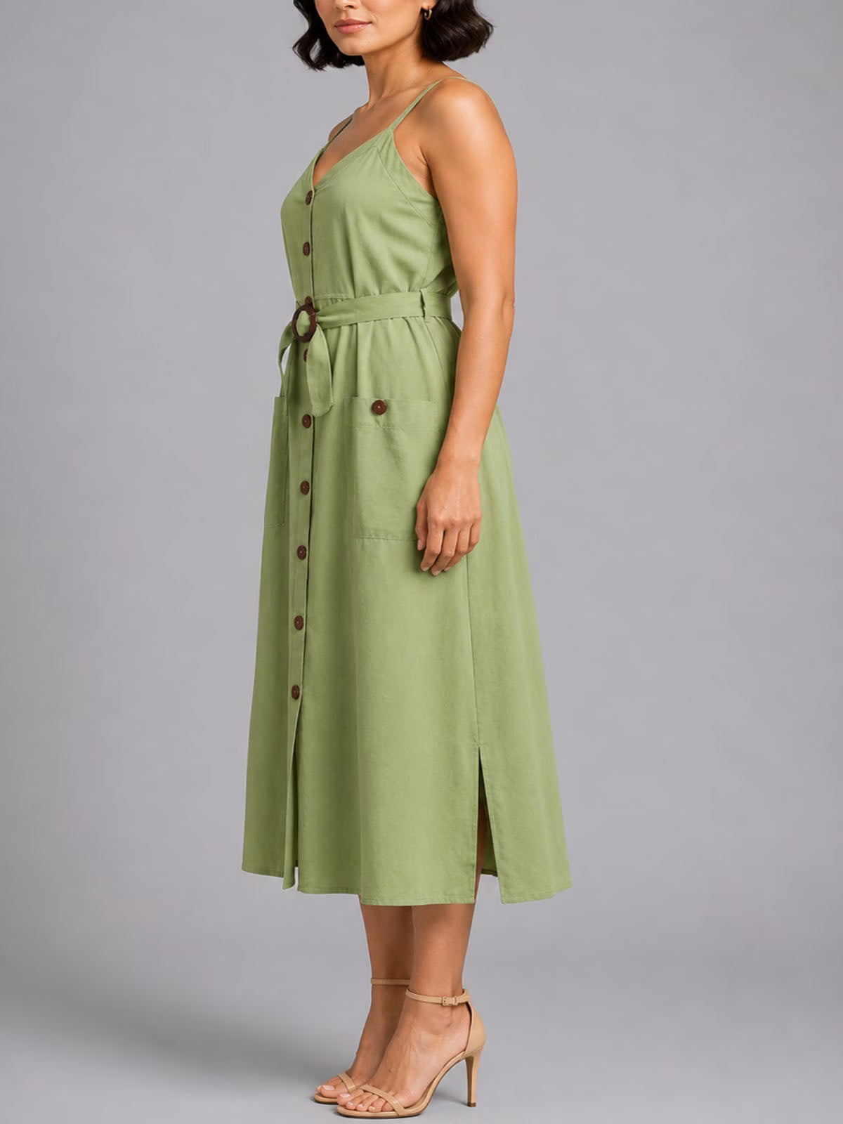 Sleeveless Button Front Maxi Dress with Tie Waist & Pockets – Plus Size
