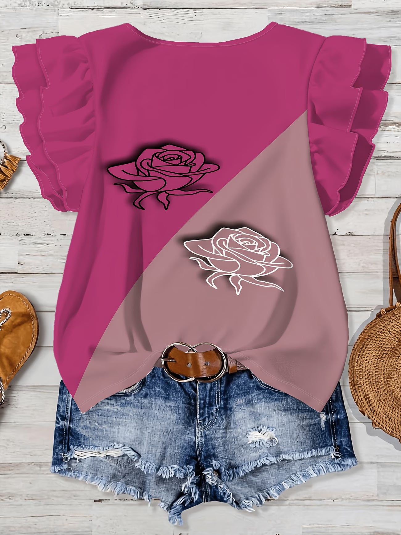 Women'S Fashion Double-Layer T-Shirt, Deep Rose