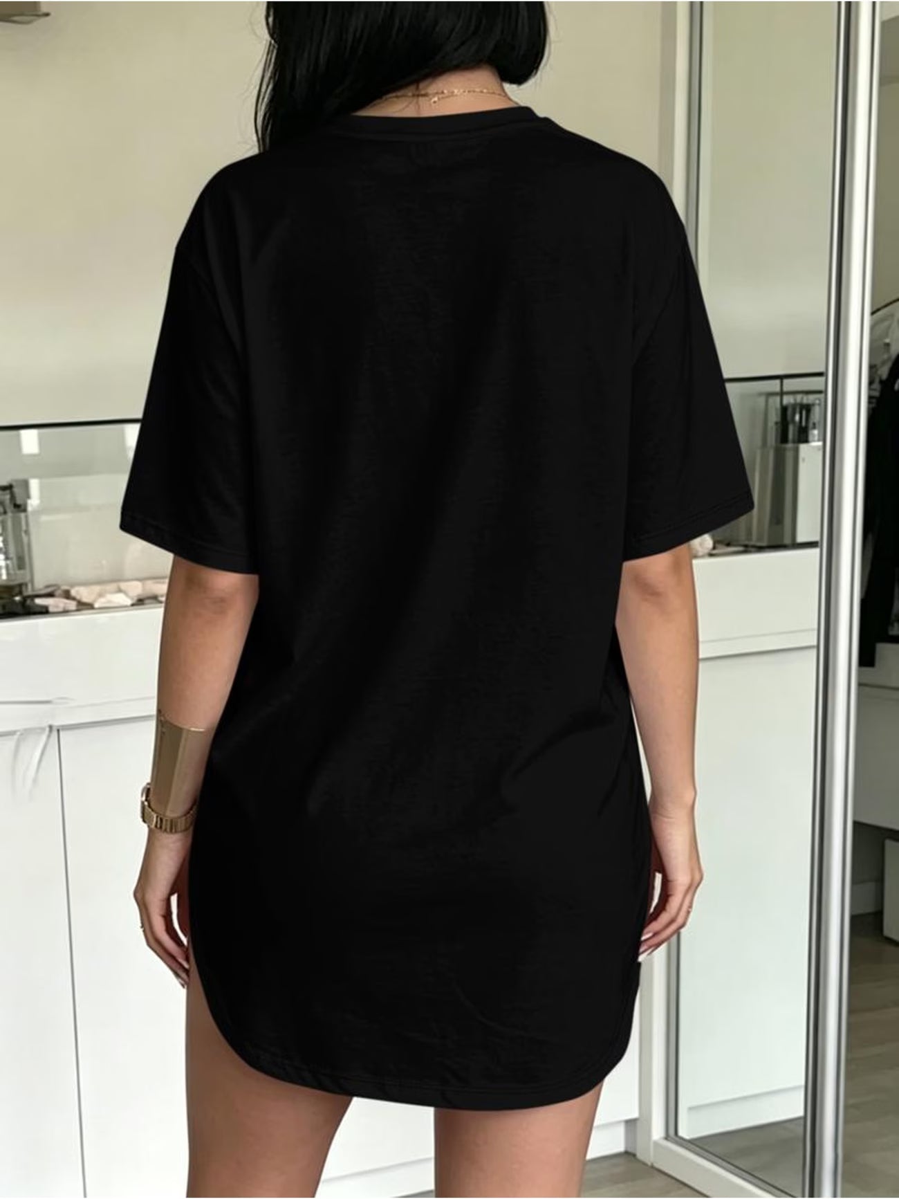Black Graphic T-Shirt Dress with Leopard Print Heart & Coffee Cups