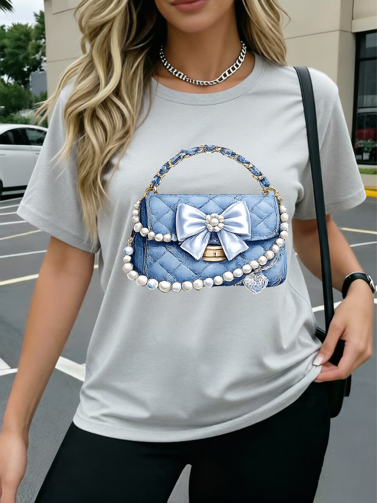 Denim Fabric Soft Denim Pearl Bow Heart T-Shirt