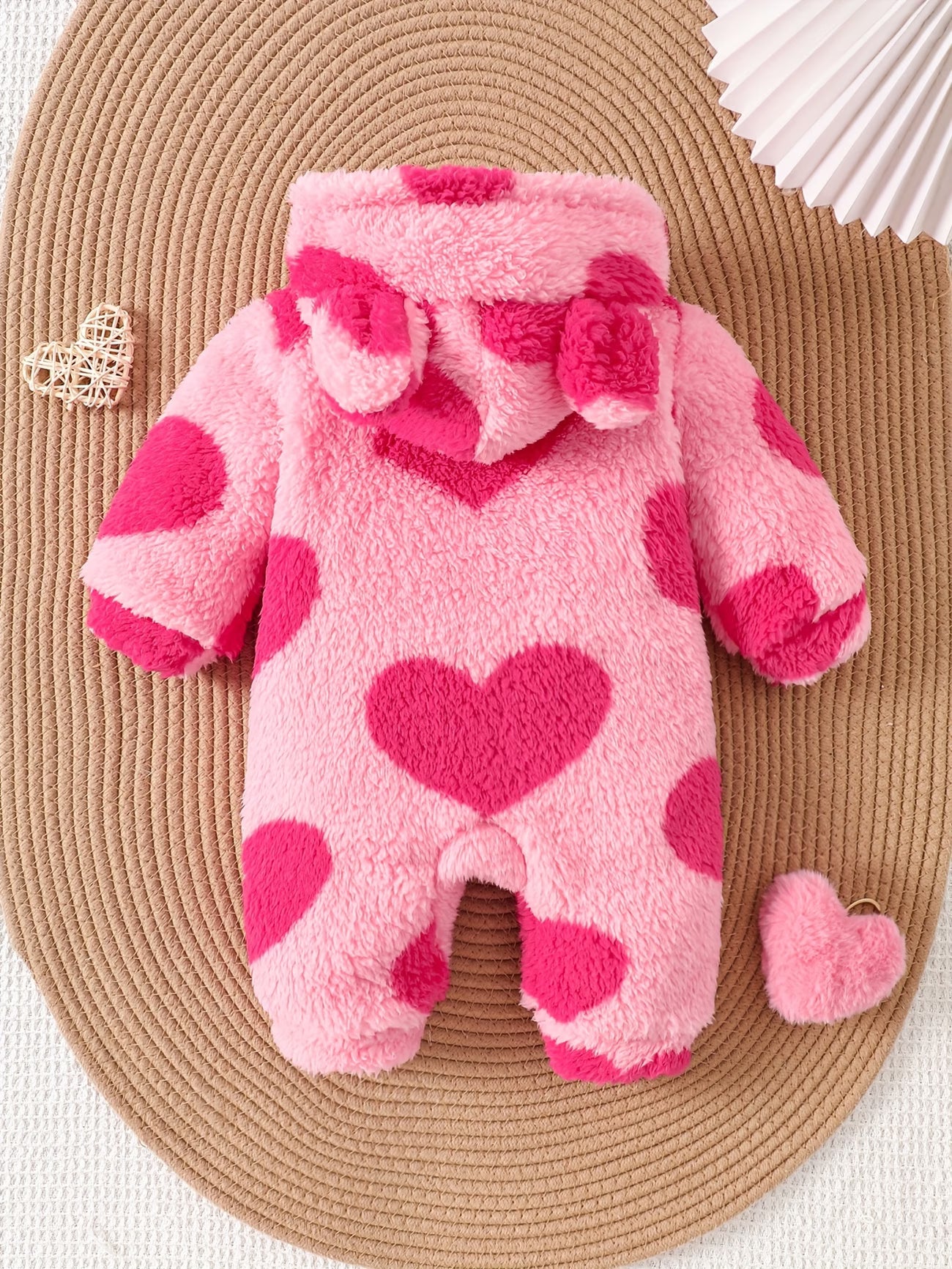 Girls' Pink Plush Romper with Zipper and Hood,