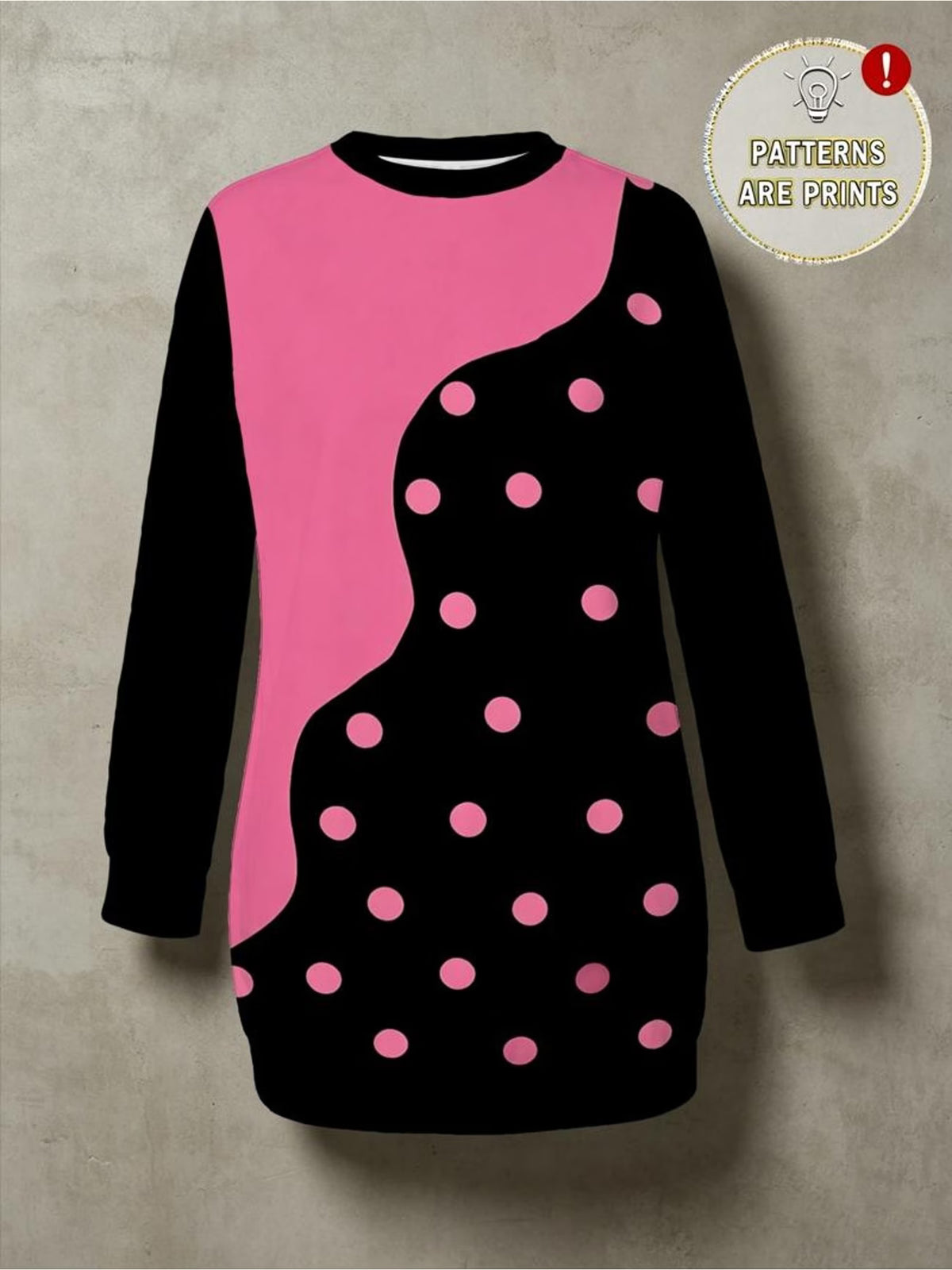 Women's Black & Pink Wave Splice Polka Dot Print Longline Sweatshirt