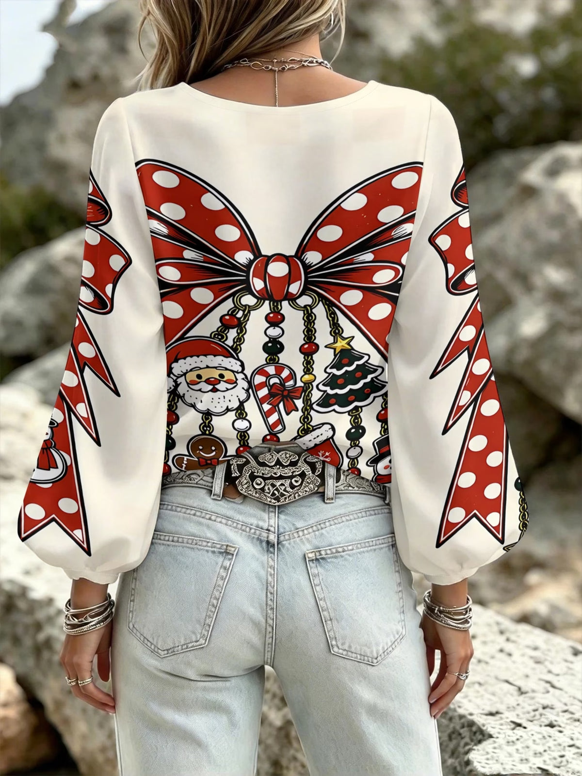 Women's Christmas Bow Print Lantern-Sleeve Top
