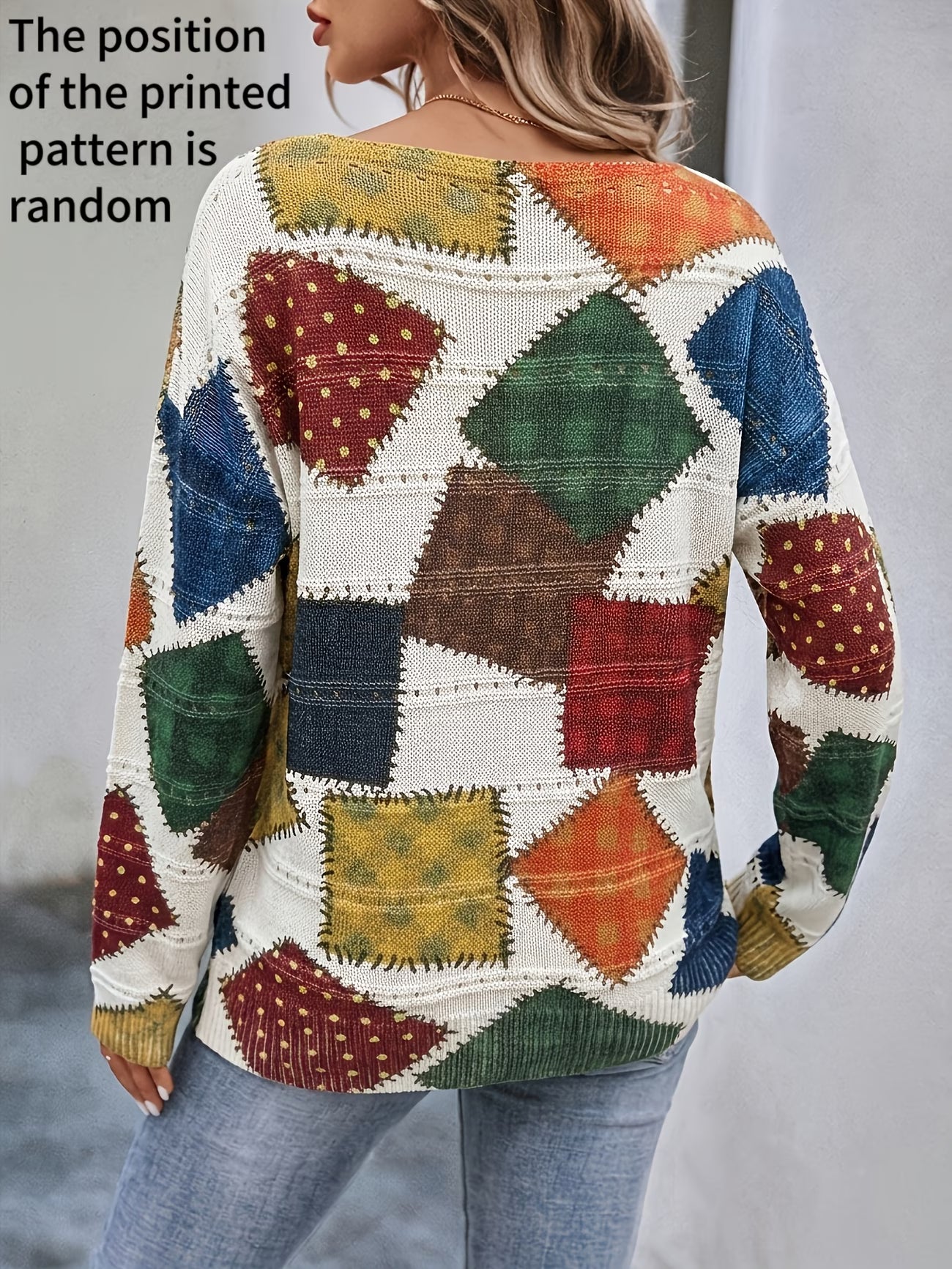 Women's Off-Shoulder Multi-Colour Patchwork Print Sweater