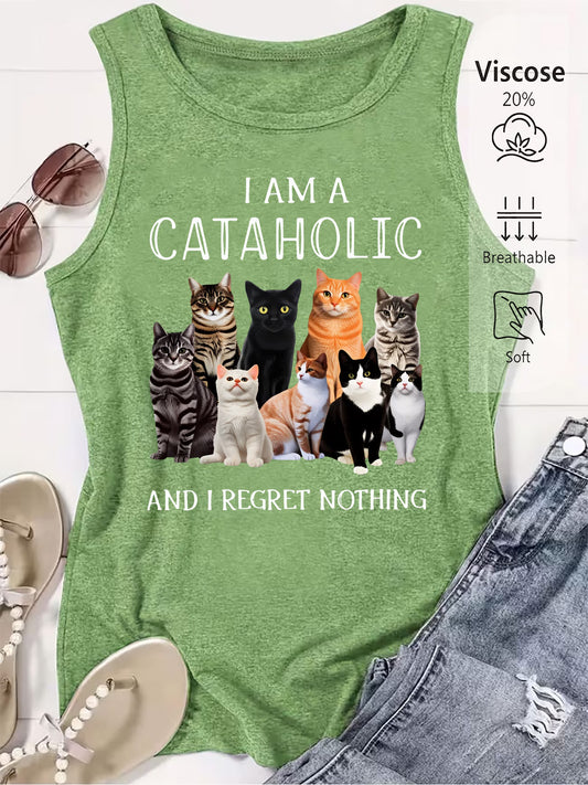 Women's "I Am a Cataholic" Cat Print Sleeveless Vest