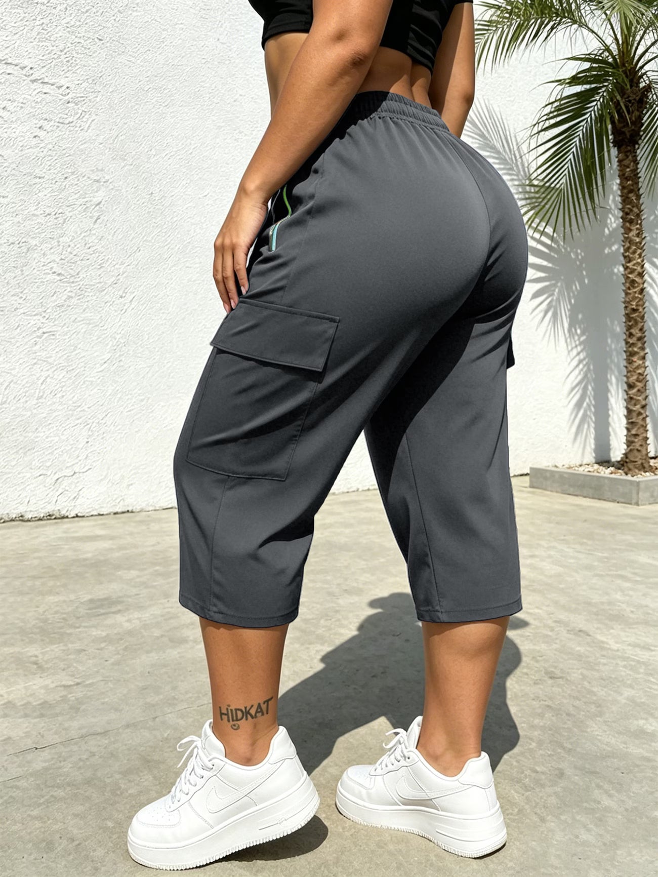 Women's Solid Cargo Capri Trousers – Elastic Drawstring Waist