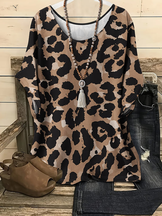 Plus Size Women's Wild Leopard Print Short Sleeve T-Shirt