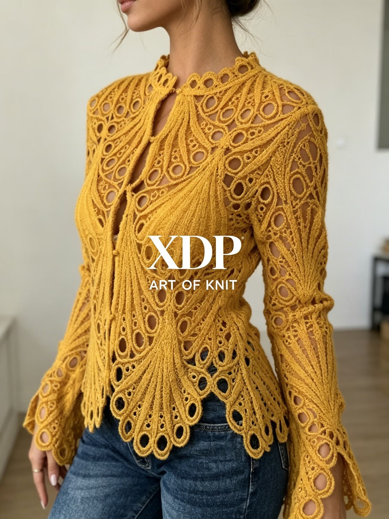 Crochet Lace Long Sleeve Blouse — Hollow Keyhole Neck