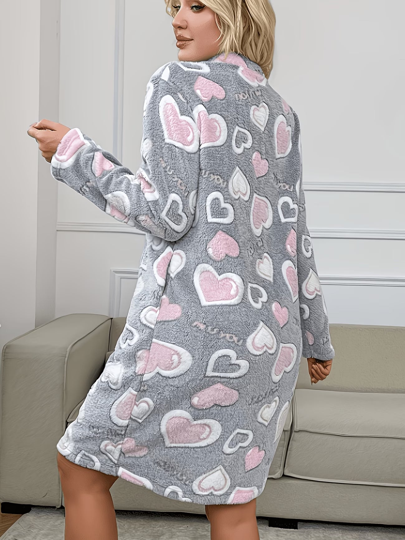 Women's Flannel Heart Pattern Zippered Nightgown Robe